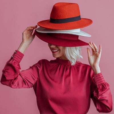 Woman in red blouse wearing red, pink, and white hats stacked on top of each other