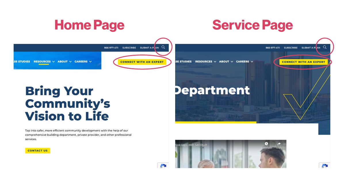 Home page and service page with the CTA and search function in the same place on both pages.  