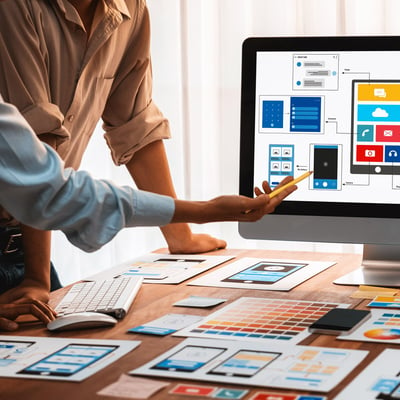 Employee pointing on computer desk screen